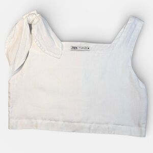 Zara White 100% Linen Sleeveless Cropped Tank Top with Shoulder Bow SMALL